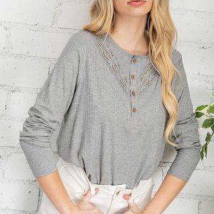 BOHO Basic Button Down Lace Knit Trim Top